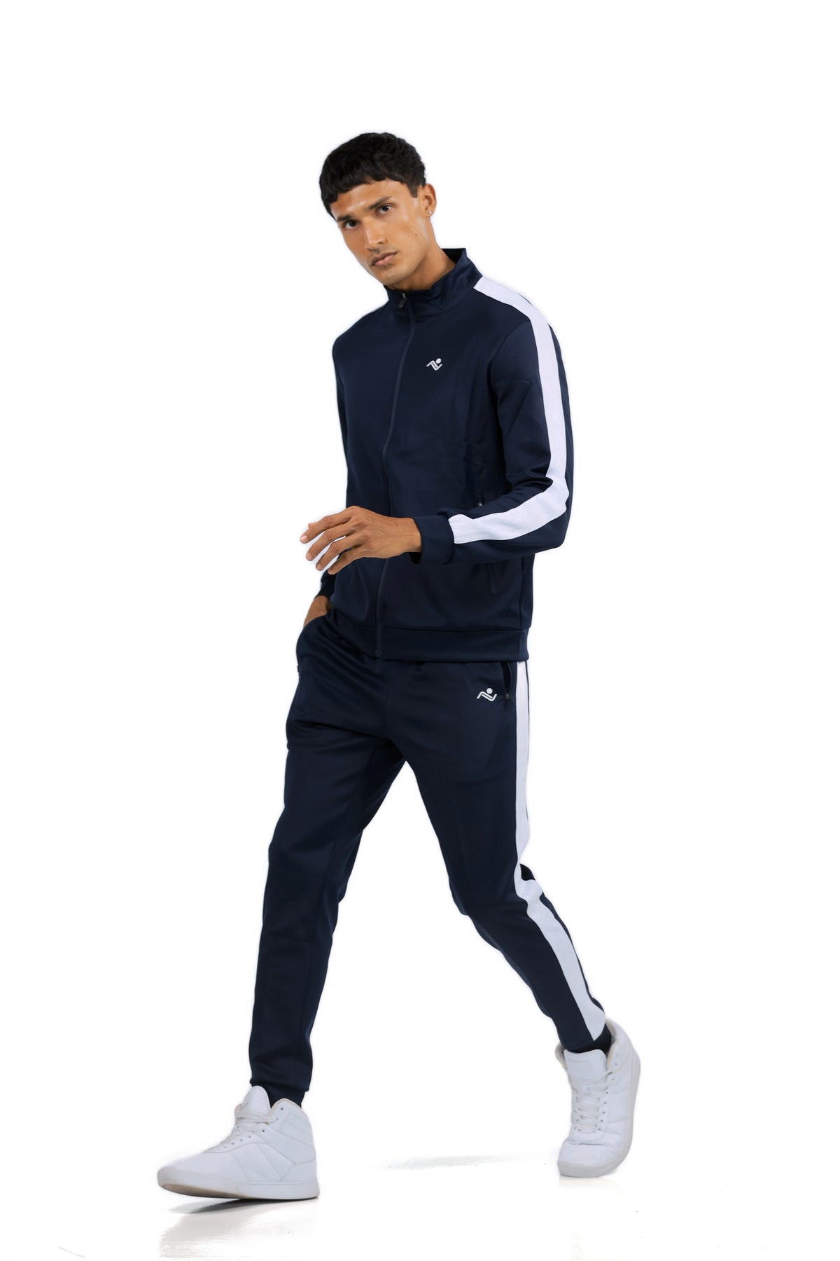 Men's Side Stripe Tracksuit in Midnight Navy, walking shot on model, Ascendia
