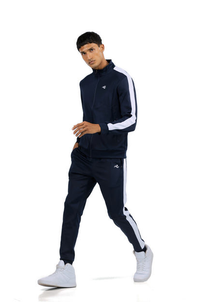 Men's Side Stripe Tracksuit in Midnight Navy, walking shot on model, Ascendia