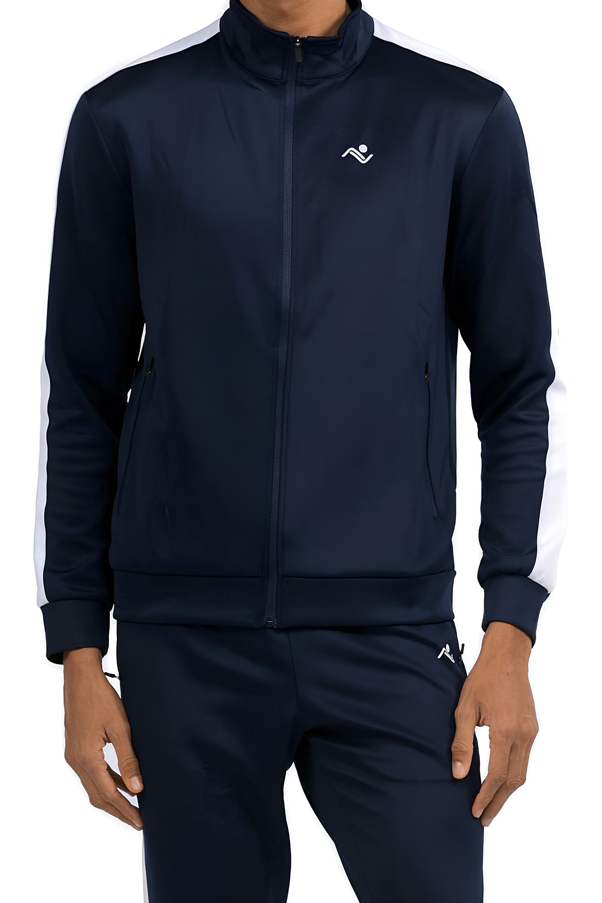 Men's Side Stripe Tracksuit in Midnight Navy, zip pocket close-up on model, Ascendia