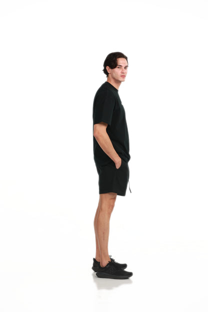 Workout Tee & Short Set in Black, side profile view on male model, Ascendia