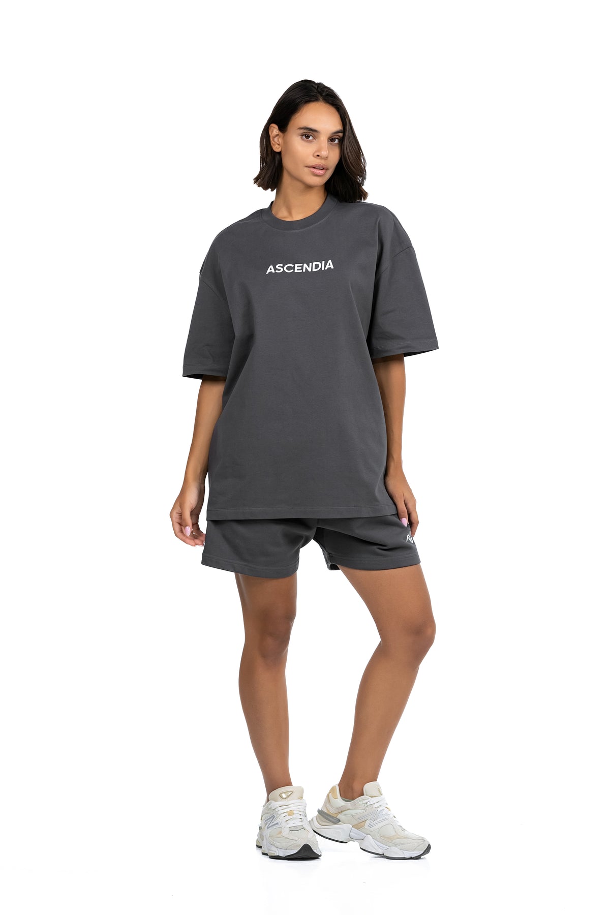 Workout Tee & Short Set in Charcoal, front view on female model, Ascendia