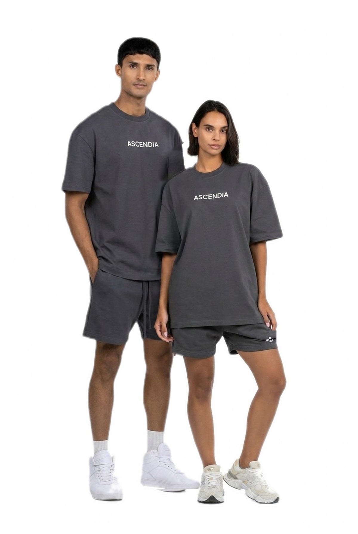 Workout Tee & Short Set in Charcoal, male and female models standing side by side, Ascendia