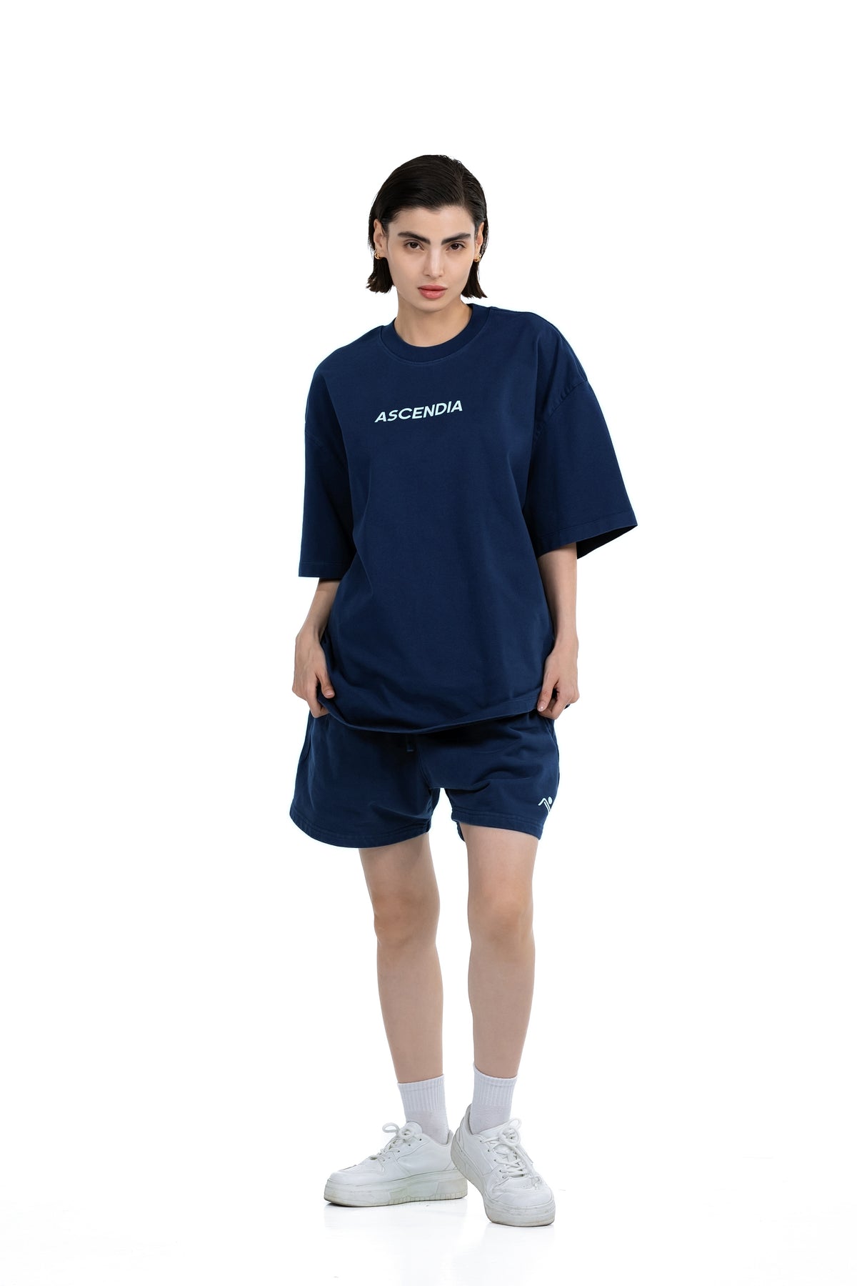 Workout Tee & Short Set in Navy, front view on female model, Ascendia
