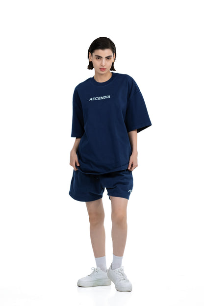 Workout Tee & Short Set in Navy, front view on female model, Ascendia