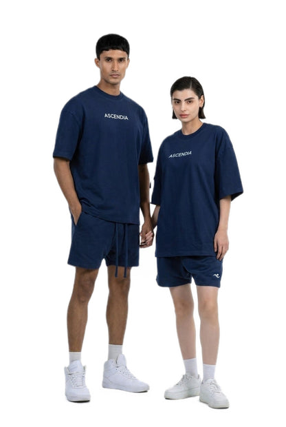 Workout Tee & Short Set in Navy, male and female models standing side by side, Ascendia