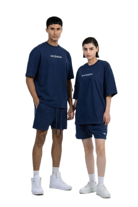 Workout Tee & Short Set in Navy, male and female models standing side by side, Ascendia