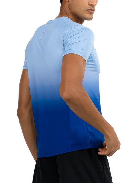 Men's Ombre Gym T-Shirt in Blue Ombre, back view on model, Ascendia