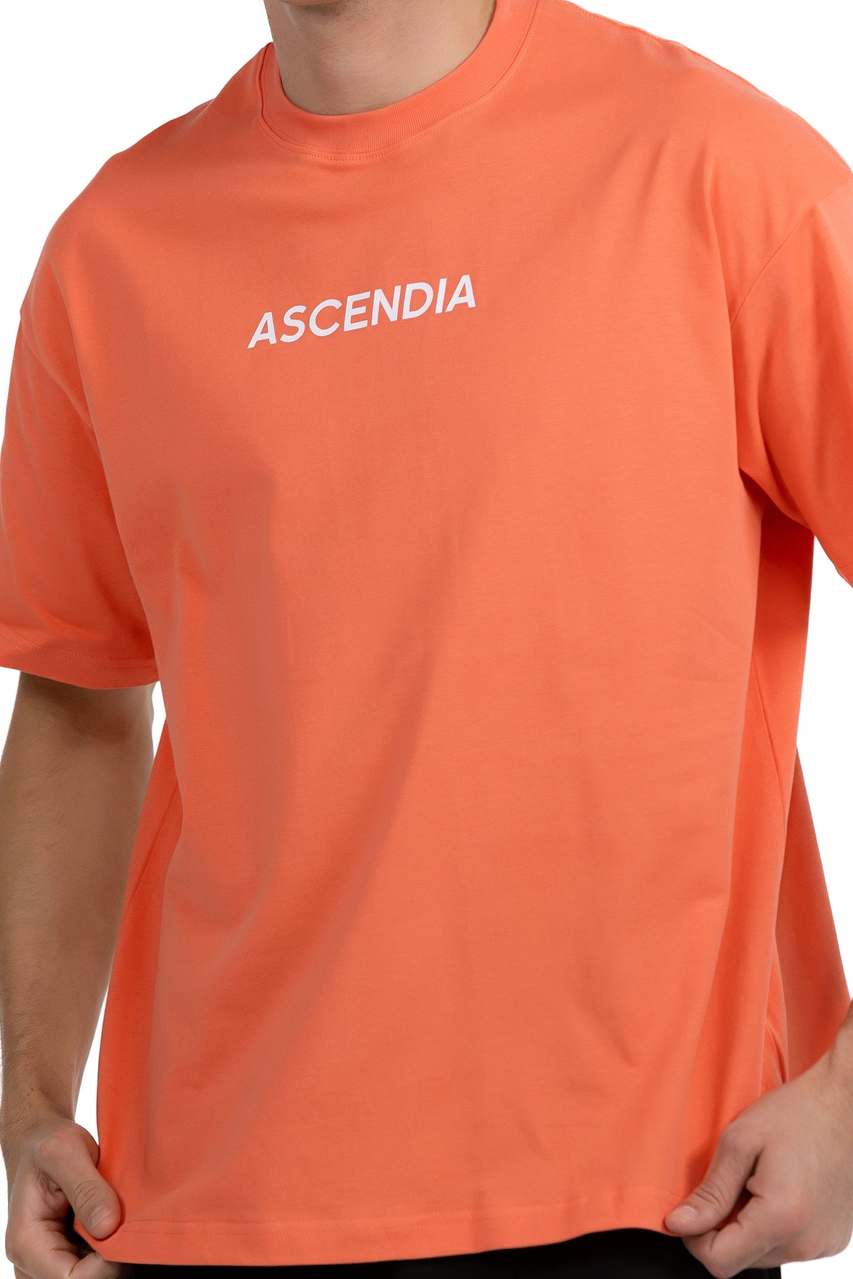 Comfort Oversized T-Shirt in Coral, close-up of the chest wordmark, Ascendia