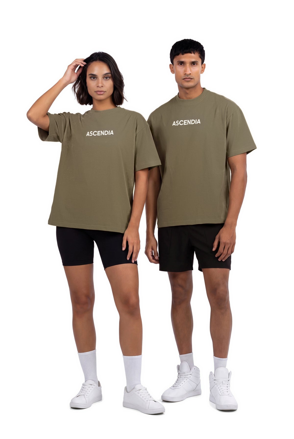 Comfort Oversized T-Shirt in Khaki, worn by a man and a woman standing side by side, Ascendia