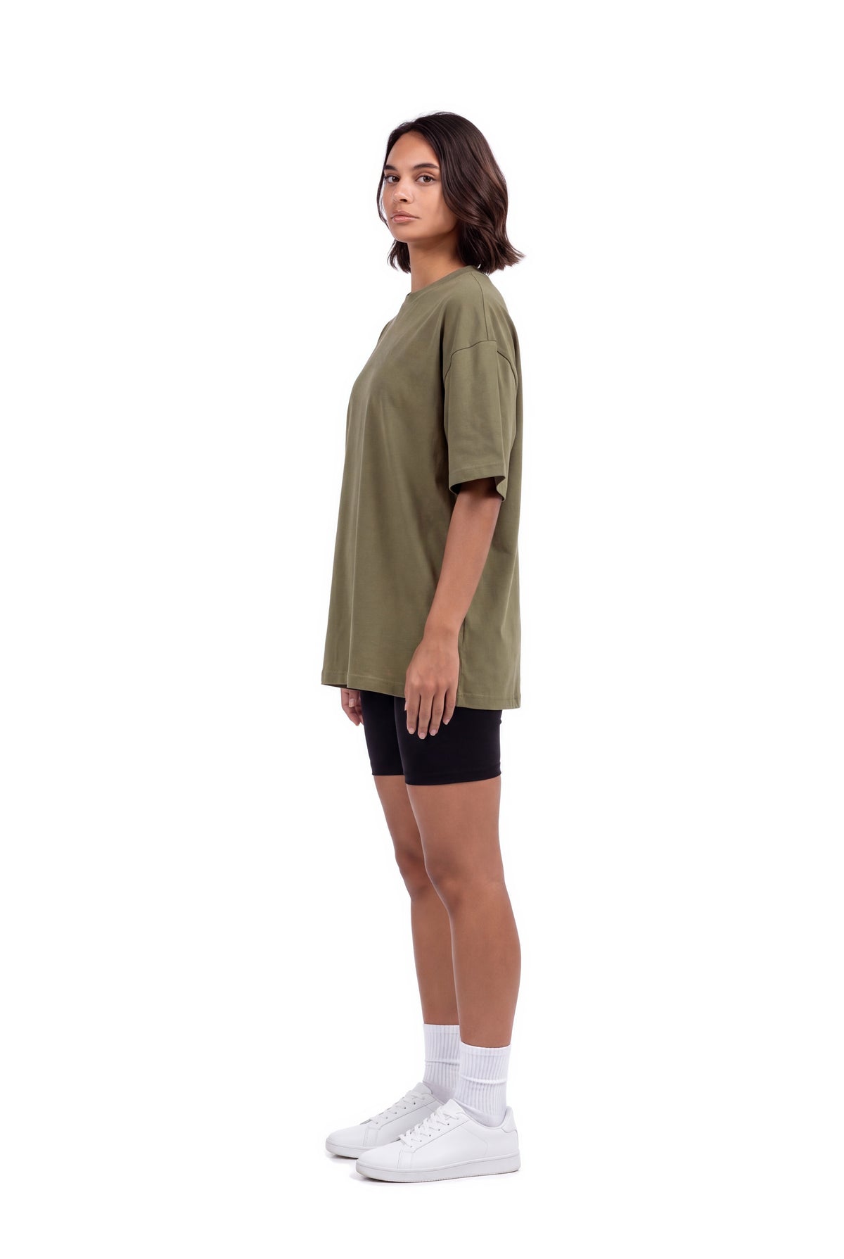 Comfort Oversized T-Shirt in Khaki, women's side view, Ascendia