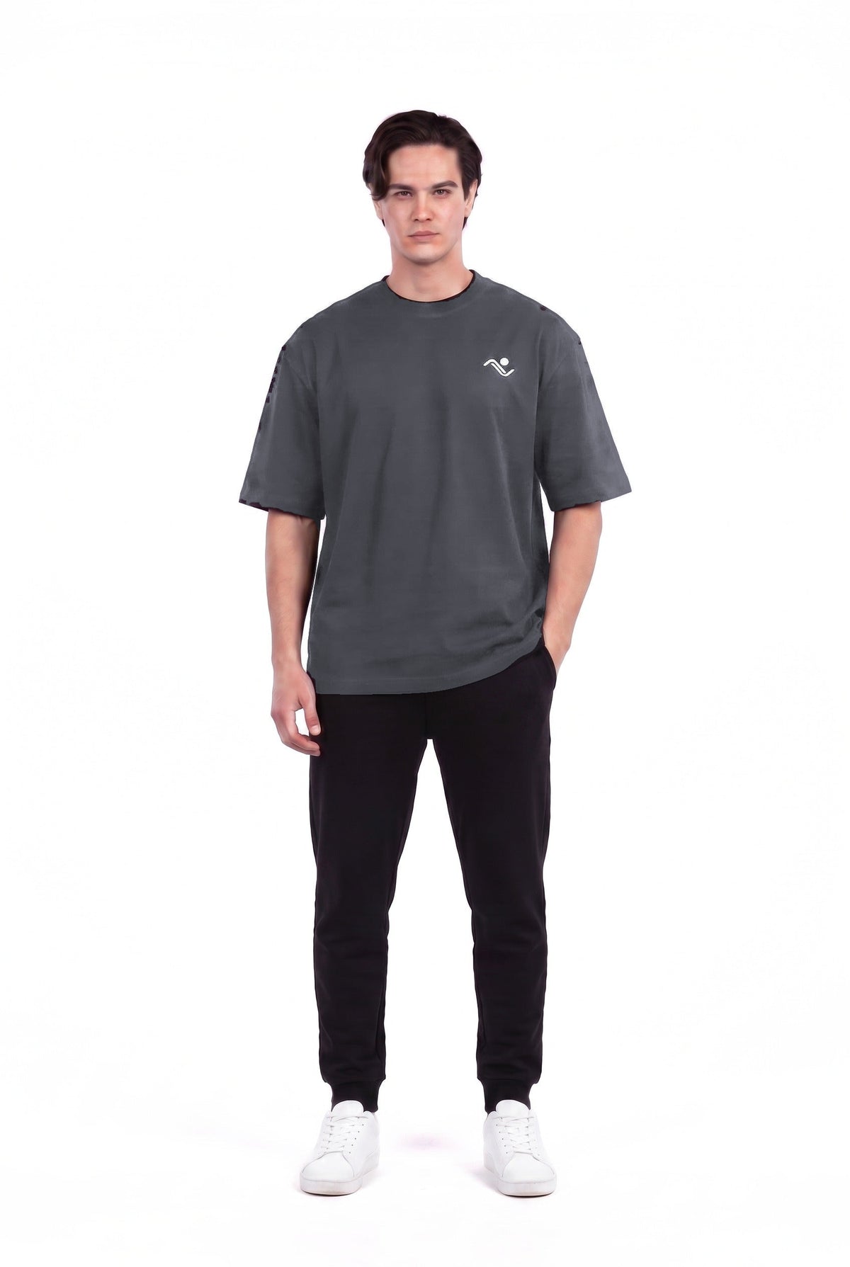 Men's Oversized Cotton Gym T-Shirt in Charcoal, front view on male model, Ascendia