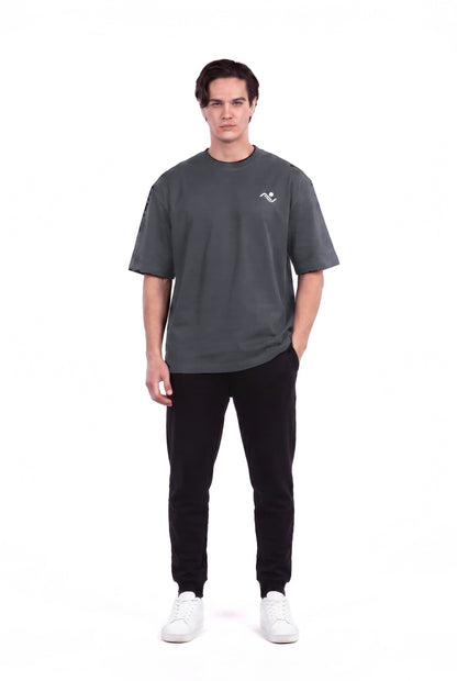Men's Oversized Cotton Gym T-Shirt in Charcoal, front view on male model, Ascendia