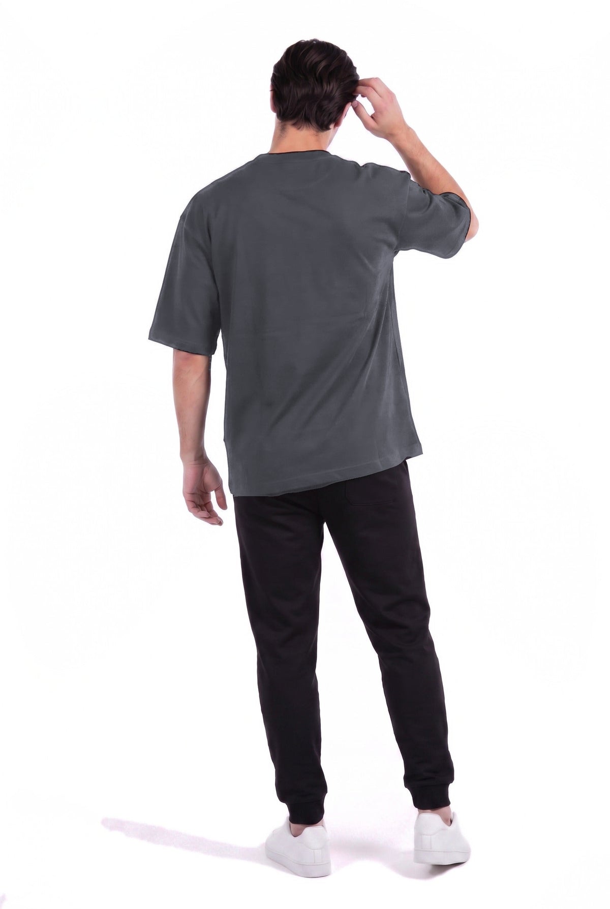 Men's Oversized Cotton Gym T-Shirt in Charcoal, back view on male model, Ascendia