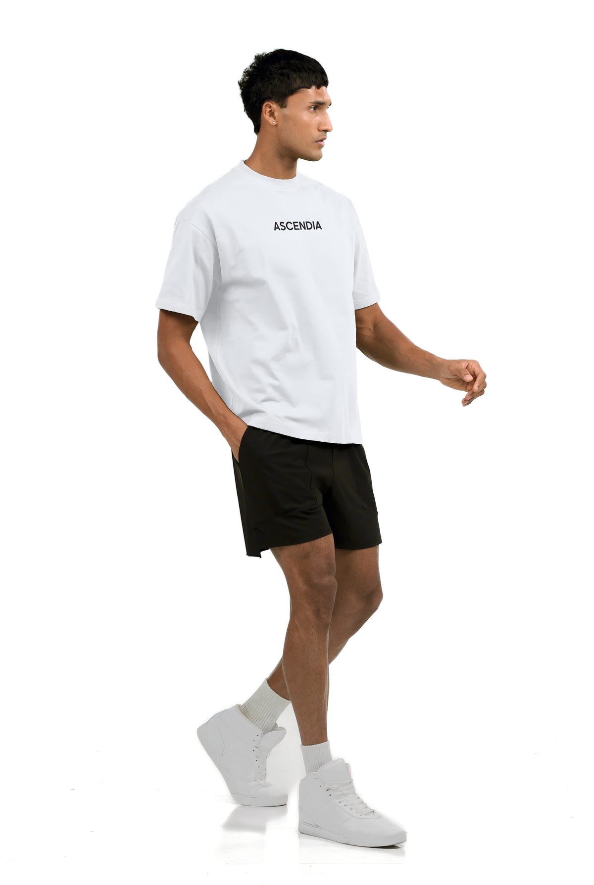 Men's Oversized Wordmark Gym T-Shirt in White, three-quarter view on male model, Ascendia