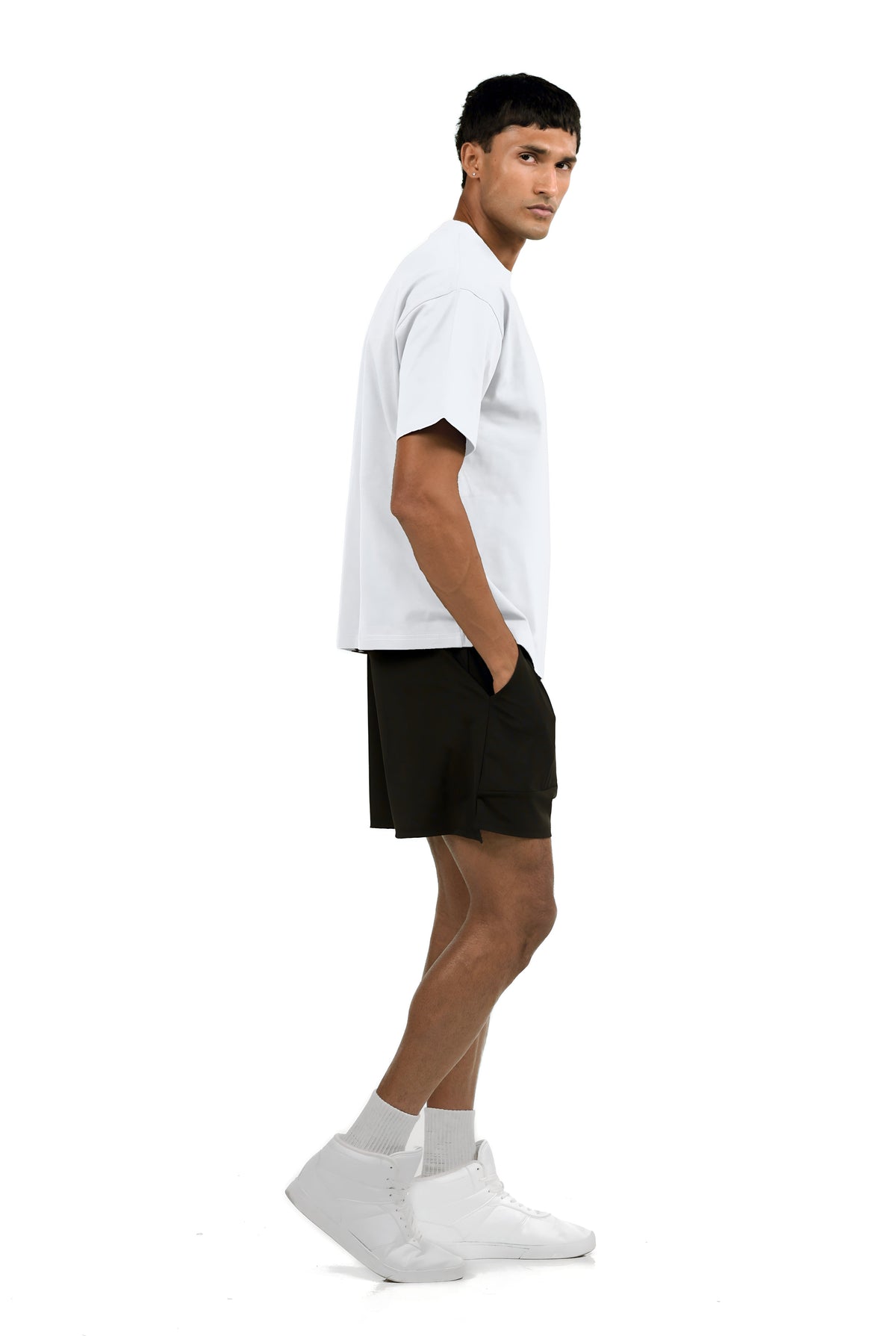 Men's Oversized Wordmark Gym T-Shirt in White, side view on male model, Ascendia