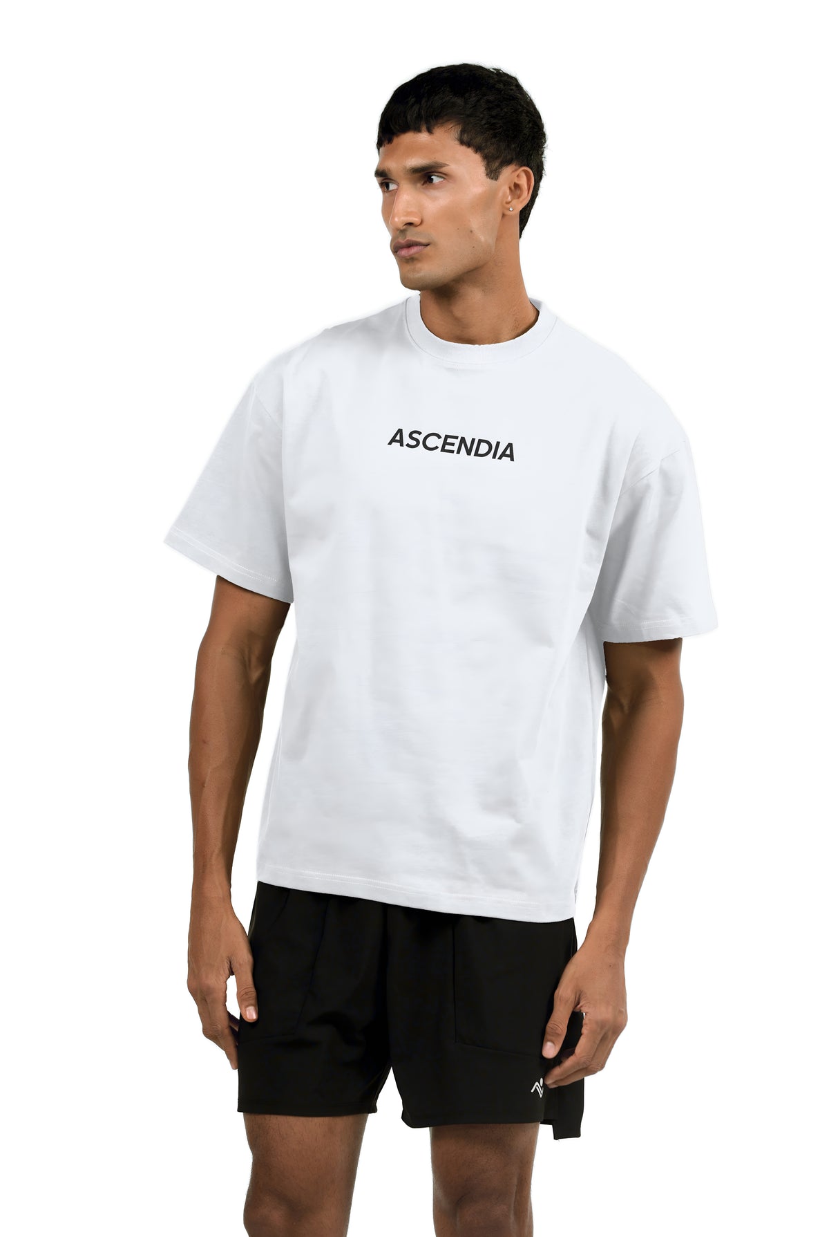 Men's Oversized Cotton Gym T-Shirt in White, front close-up on male model, Ascendia