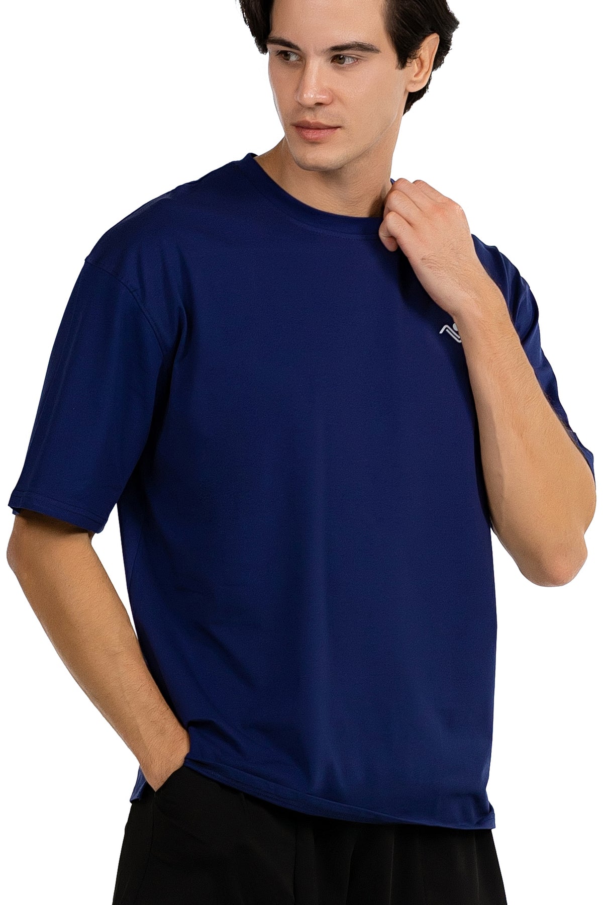 Men's Side Slit Gym T-Shirt in Navy, three-quarter view on model, Ascendia