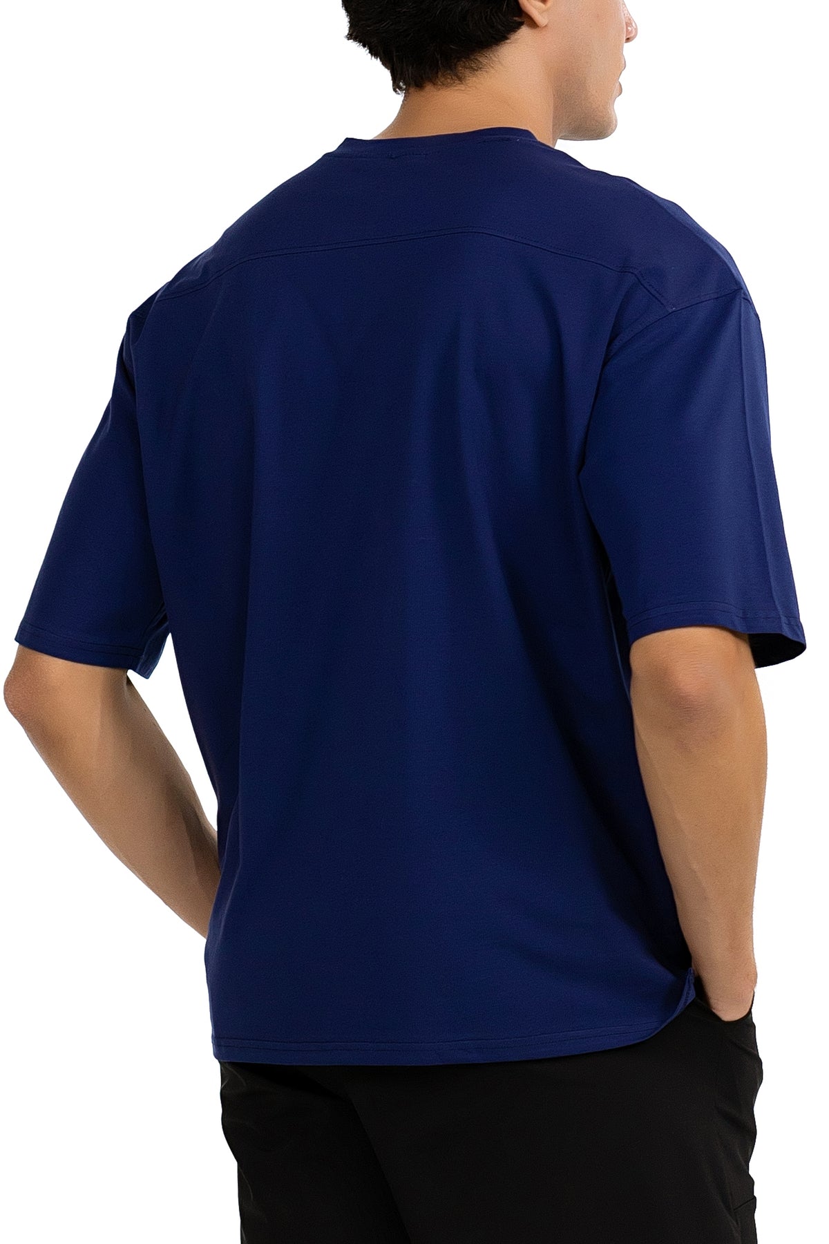 Men's Side Slit Gym T-Shirt in Navy, back view on model, Ascendia