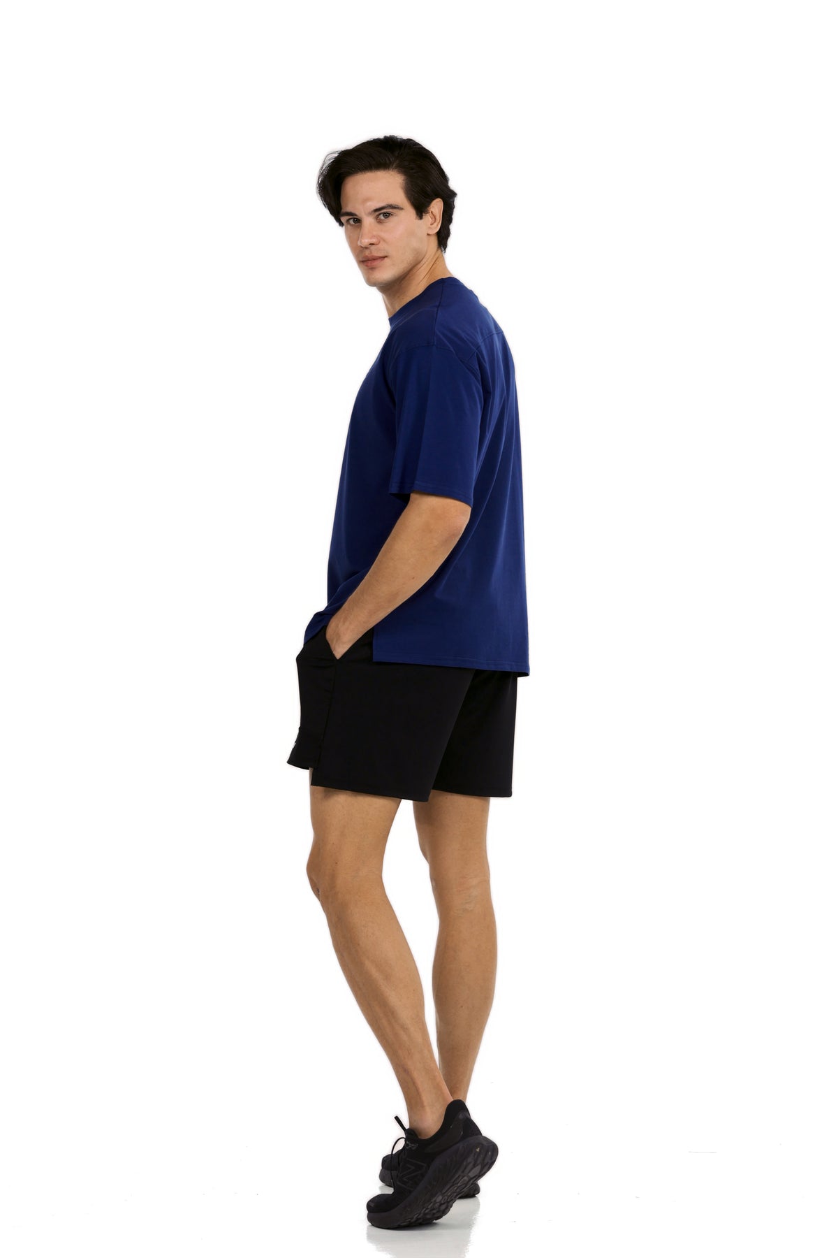Men's Side Slit Gym T-Shirt in Navy, side view on model, Ascendia