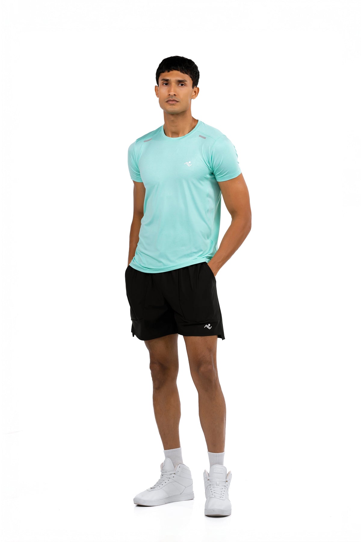 Men's Muscle Fit T-Shirt in Aqua, front view on model, Ascendia
