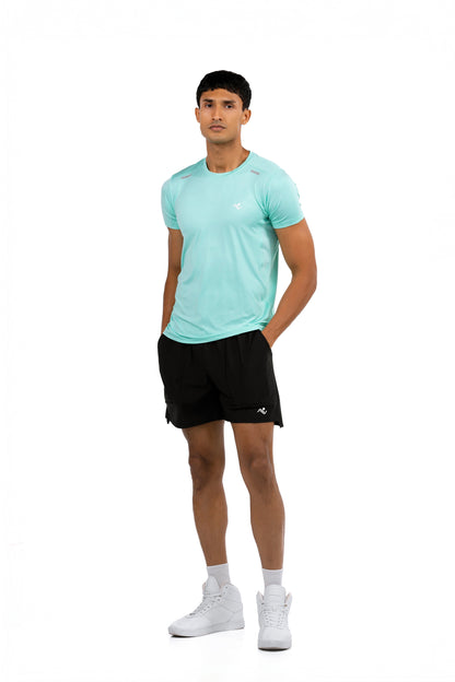 Men's Muscle Fit T-Shirt in Aqua, front view on model, Ascendia