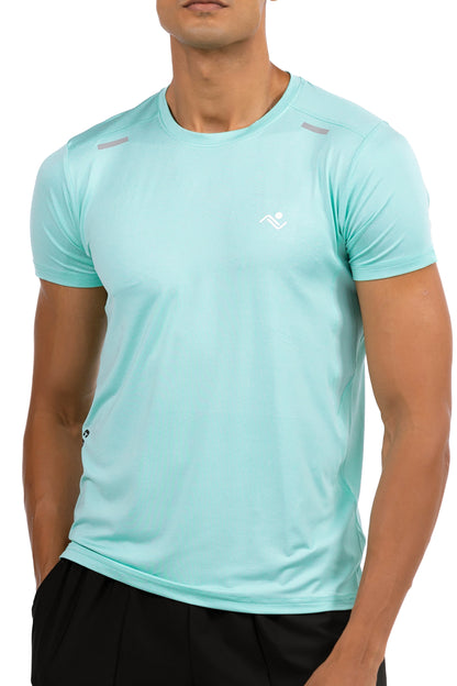 Men's Muscle Fit T-Shirt in Aqua, close front view on model showing the reflective shoulder bars, Ascendia