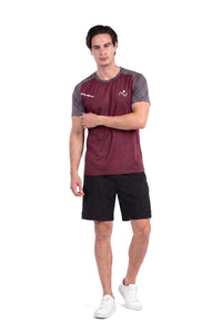 Men's Two-Tone Training T-Shirt in Wine & Dark Grey, front view on model, Ascendia