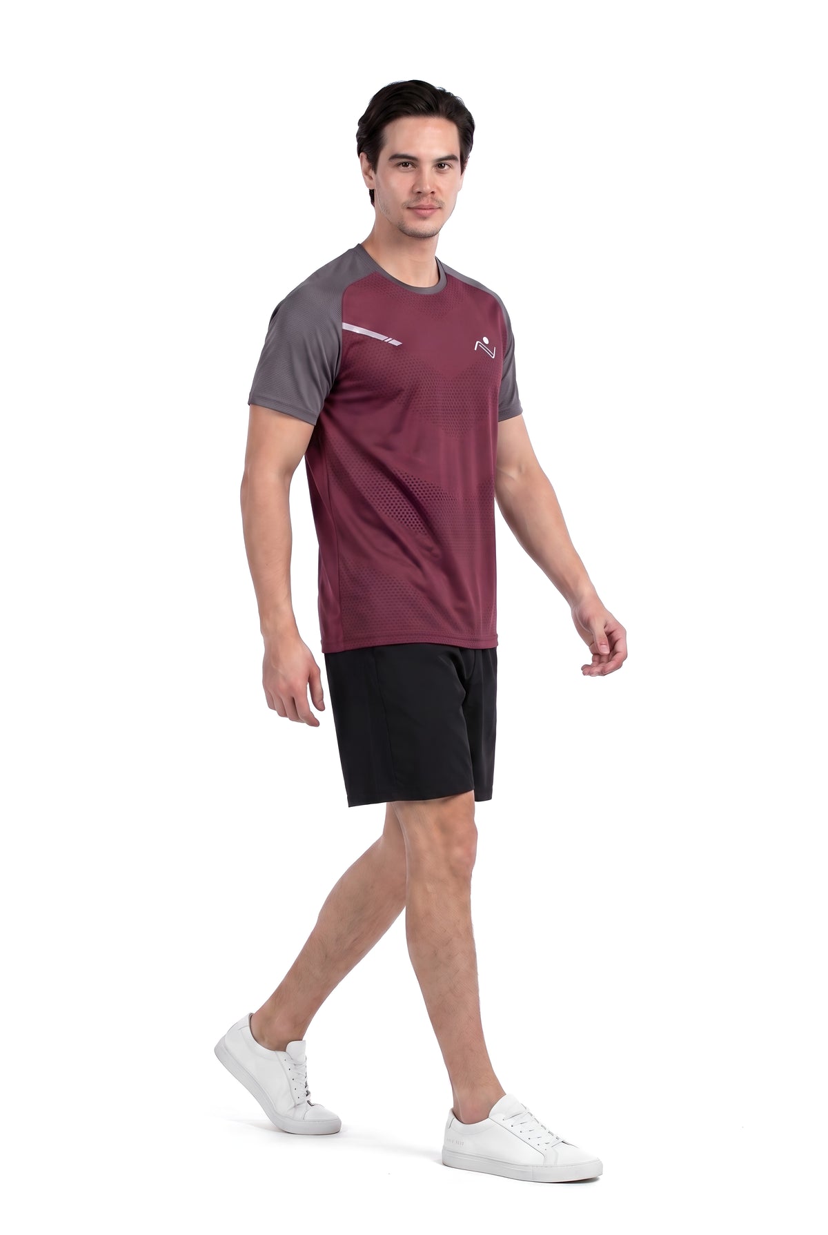 Men's Two-Tone Training T-Shirt in Wine & Dark Grey, three-quarter view on model, Ascendia