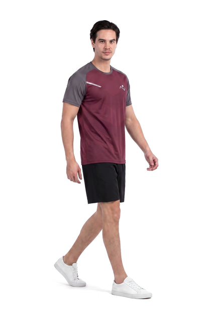 Men's Two-Tone Training T-Shirt in Wine & Dark Grey, three-quarter view on model, Ascendia