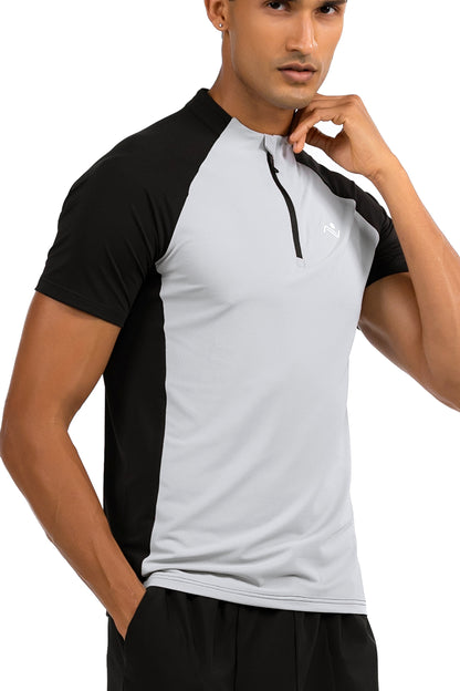 Men's Two-Tone Slim Fit T-Shirt in Light Grey & Black, three-quarter view on male model, Ascendia