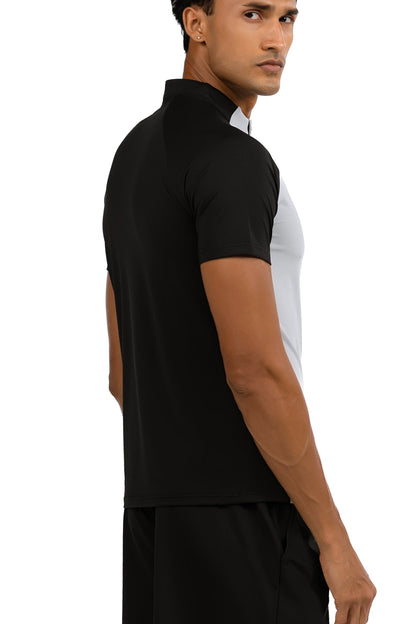 Men's Two-Tone Slim Fit T-Shirt in Light Grey & Black, back view on male model, Ascendia