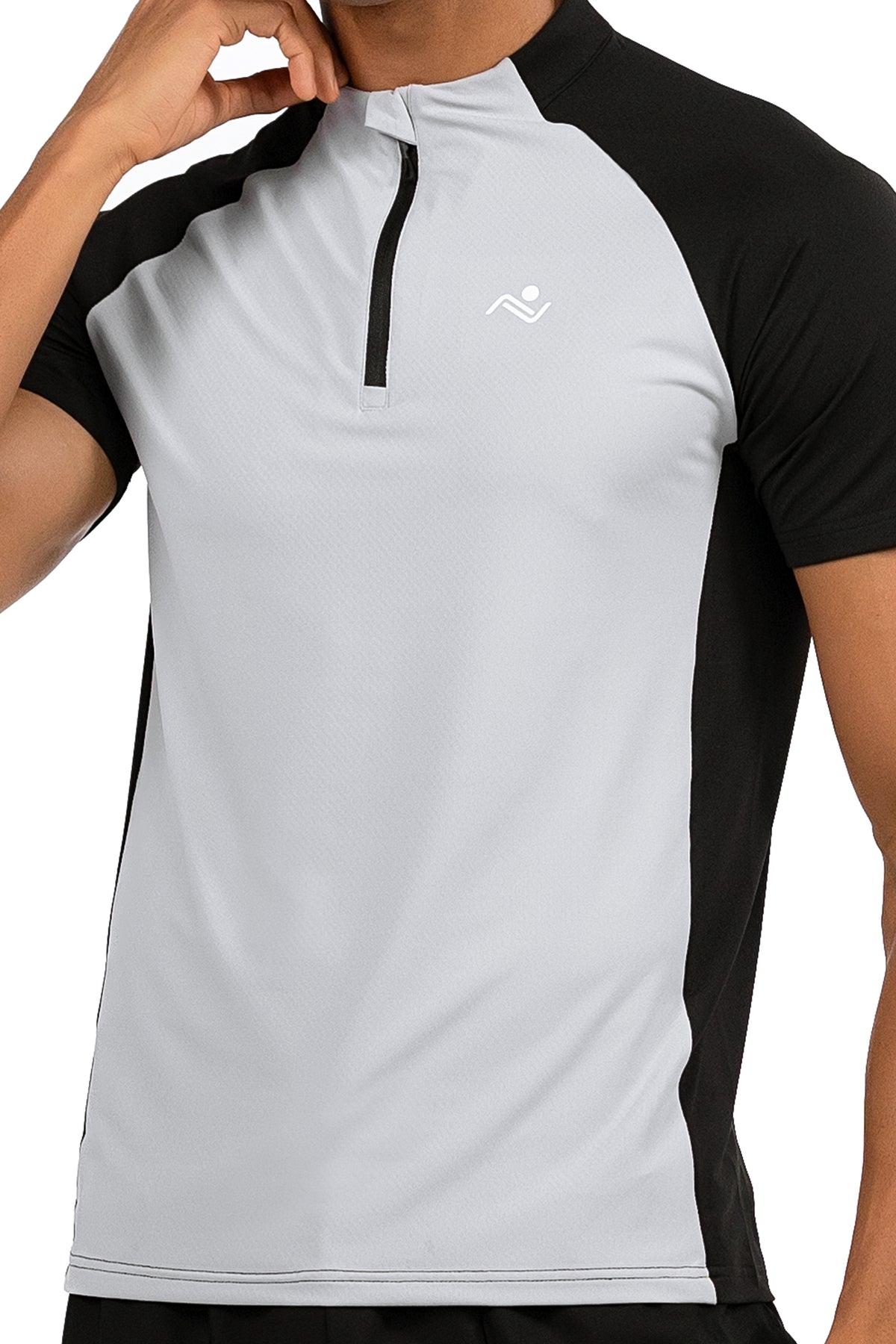 Men's Two-Tone Slim Fit T-Shirt in Light Grey & Black, detail of the collar zip on model, Ascendia