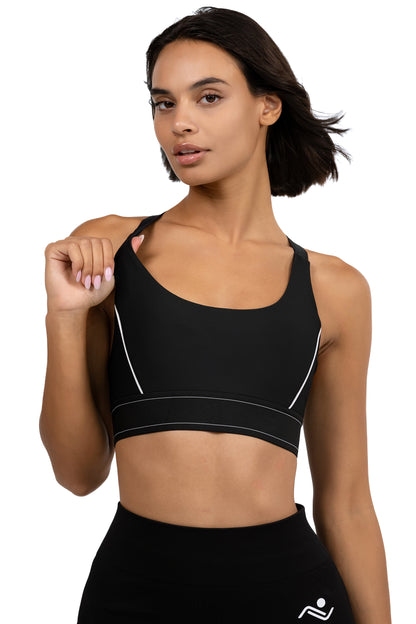 Padded Yoga Bra in Black, front view on model, Ascendia