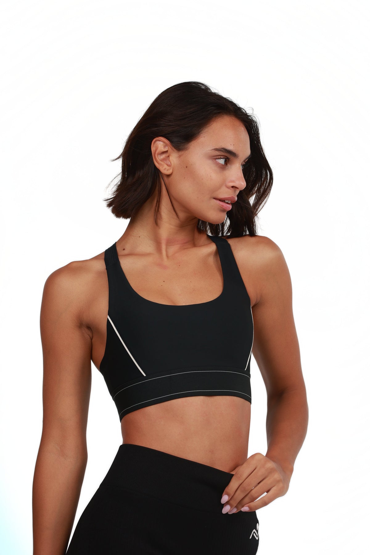 Padded Yoga Bra in Black, three-quarter view on model, Ascendia