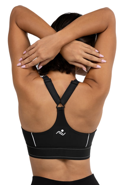 Padded Yoga Bra in Black, back view on model, Ascendia
