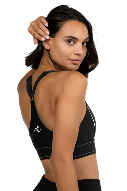 Padded Yoga Bra in Black, back view over the shoulder on model, Ascendia
