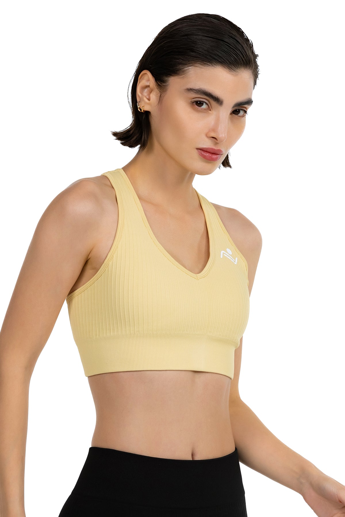 ProFit Athletic Bra in Beige, three-quarter front view on model, Ascendia