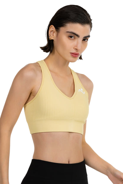 ProFit Athletic Bra in Beige, three-quarter front view on model, Ascendia