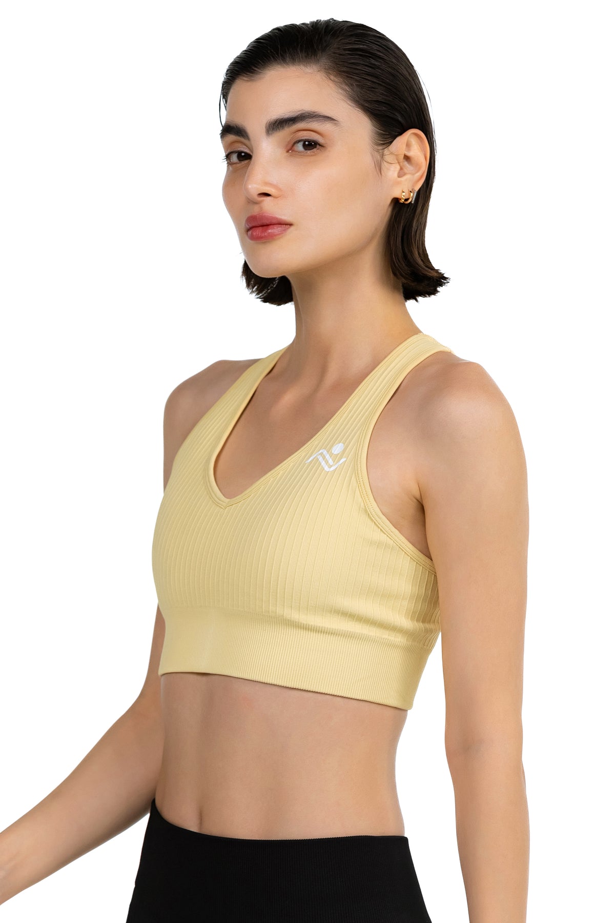 ProFit Athletic Bra in Beige, side profile view on model, Ascendia