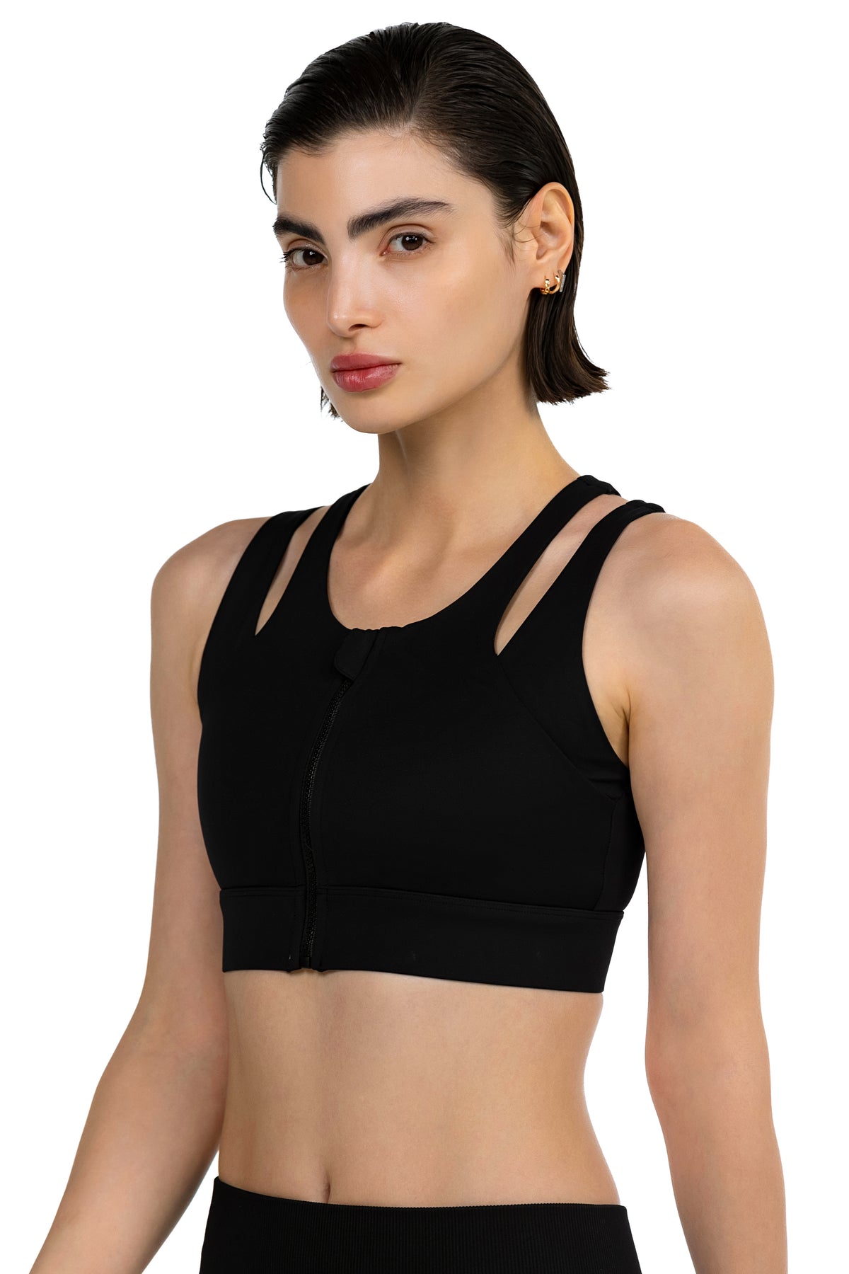Zip-Front Sports Bra in Black, three-quarter view on model, Ascendia
