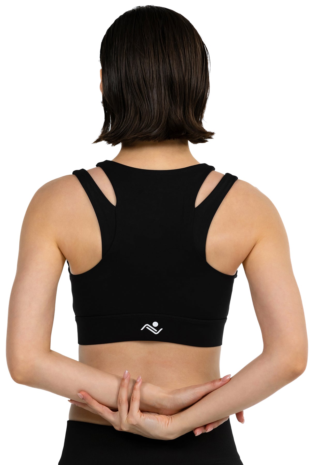Zip-Front Sports Bra in Black, back view on model, Ascendia