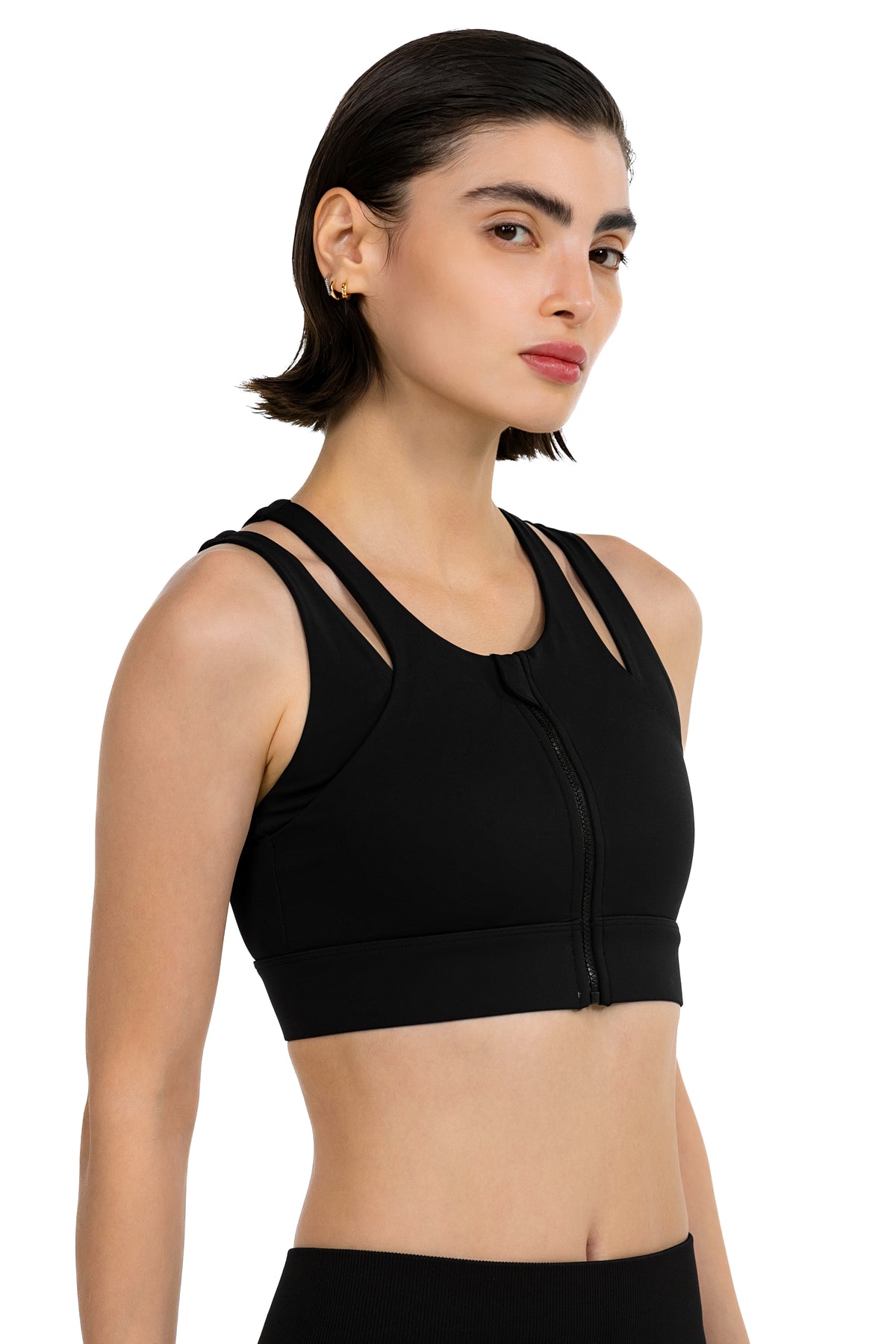 Zip-Front Sports Bra in Black, front zip detail, Ascendia