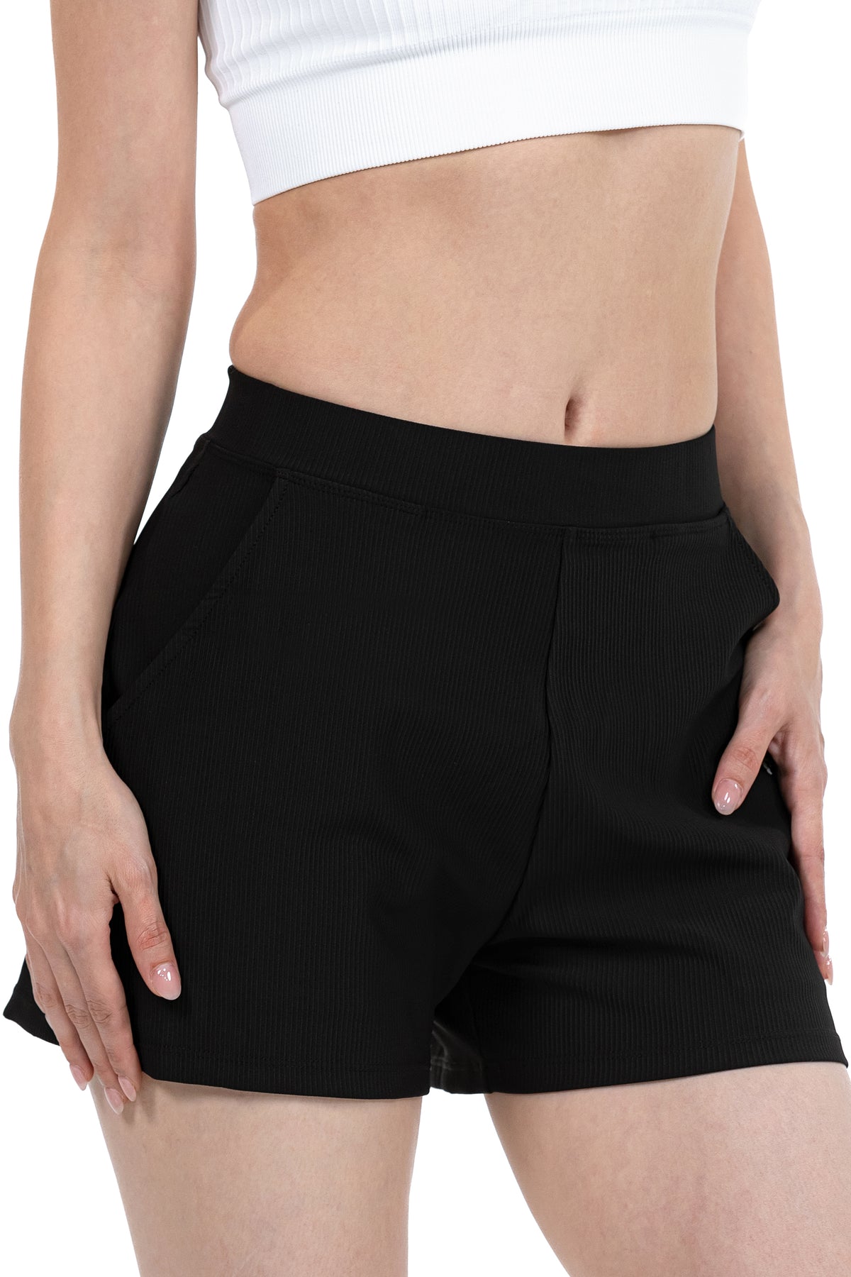 Loose Casual Sports Shorts in Black, three-quarter view on model, Ascendia