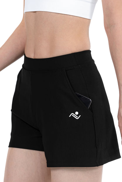 Loose Casual Sports Shorts in Black, side view with a phone in the side pocket and the hip logo, Ascendia