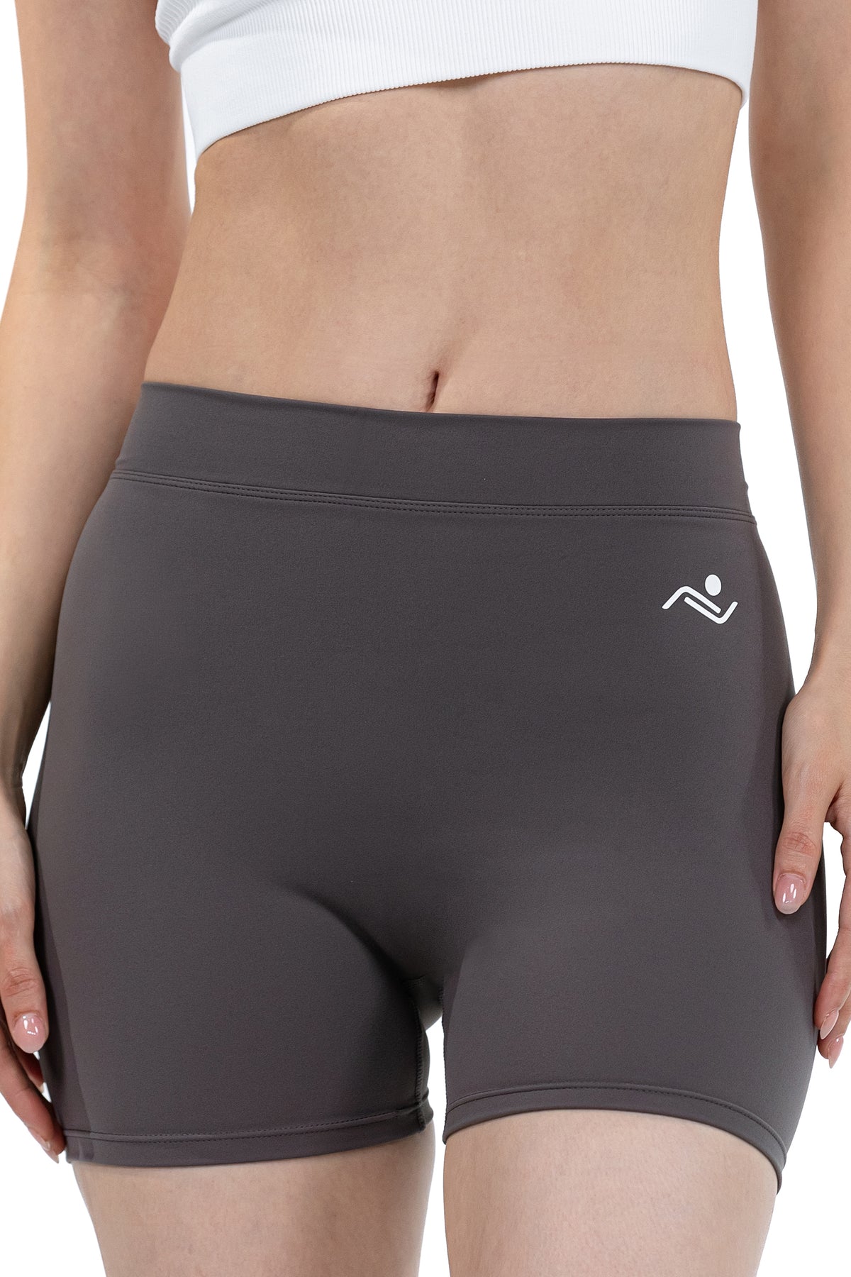 Push-Up Sports Shorts in Charcoal, front view on model showing the high waistband and hip logo, Ascendia