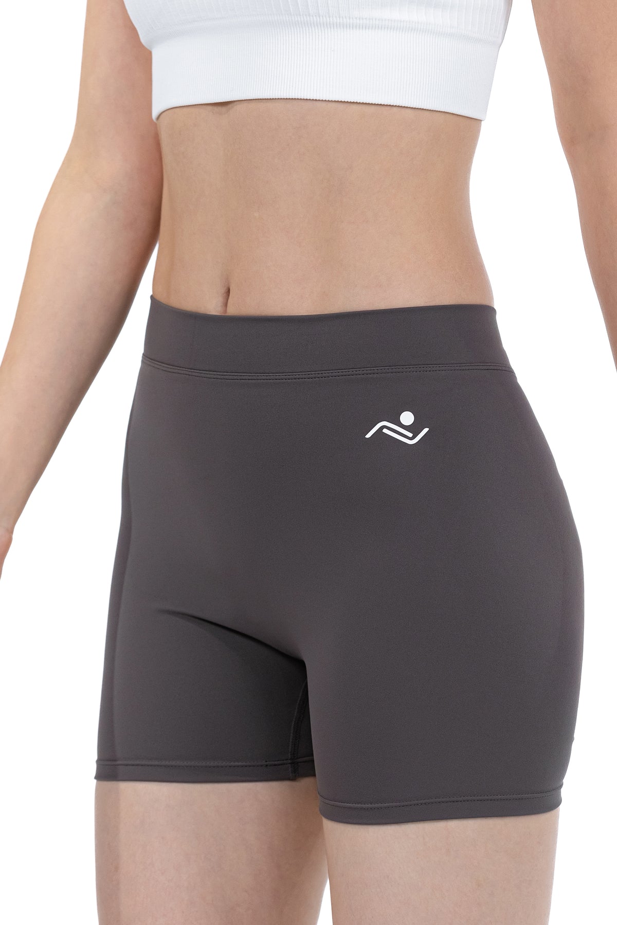 Push-Up Sports Shorts in Charcoal, three-quarter front view showing the hip logo, Ascendia