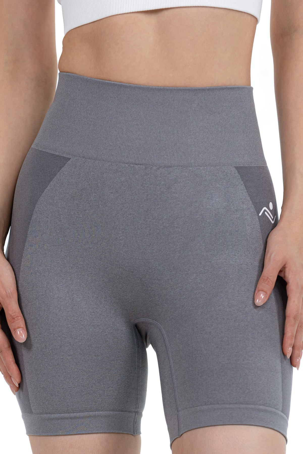 Seamless Ribbed Yoga Shorts in Dark Grey, front view with the logo on the right thigh, Ascendia
