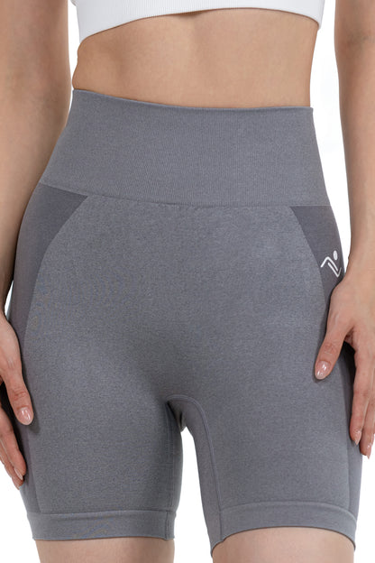 Seamless Ribbed Yoga Shorts in Dark Grey, front view with the logo on the right thigh, Ascendia