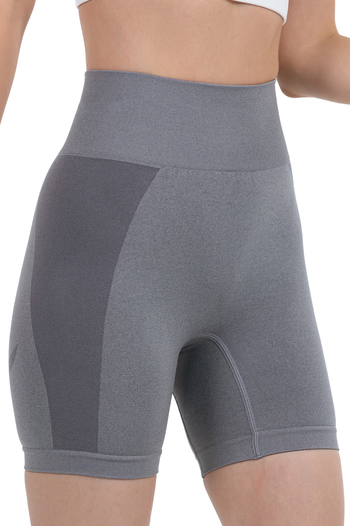 Seamless Ribbed Yoga Shorts in Dark Grey, side view showing the hip panel, Ascendia