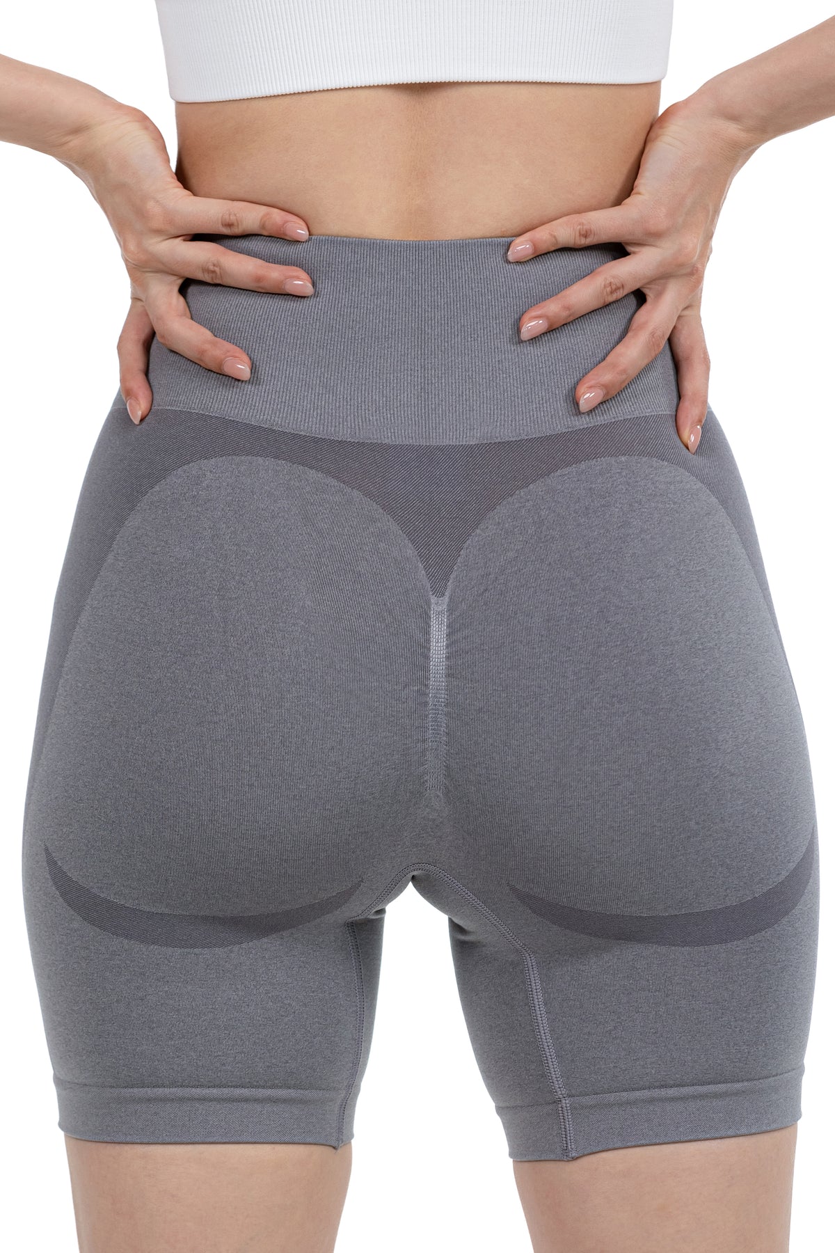 Seamless Ribbed Yoga Shorts in Dark Grey, back view showing the scrunch seam, Ascendia